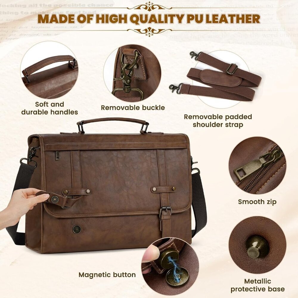 Mens Messenger Bag 17 Inch Waterproof Vintage Leather Laptop Briefcase Large Com - Picture 5 of 7